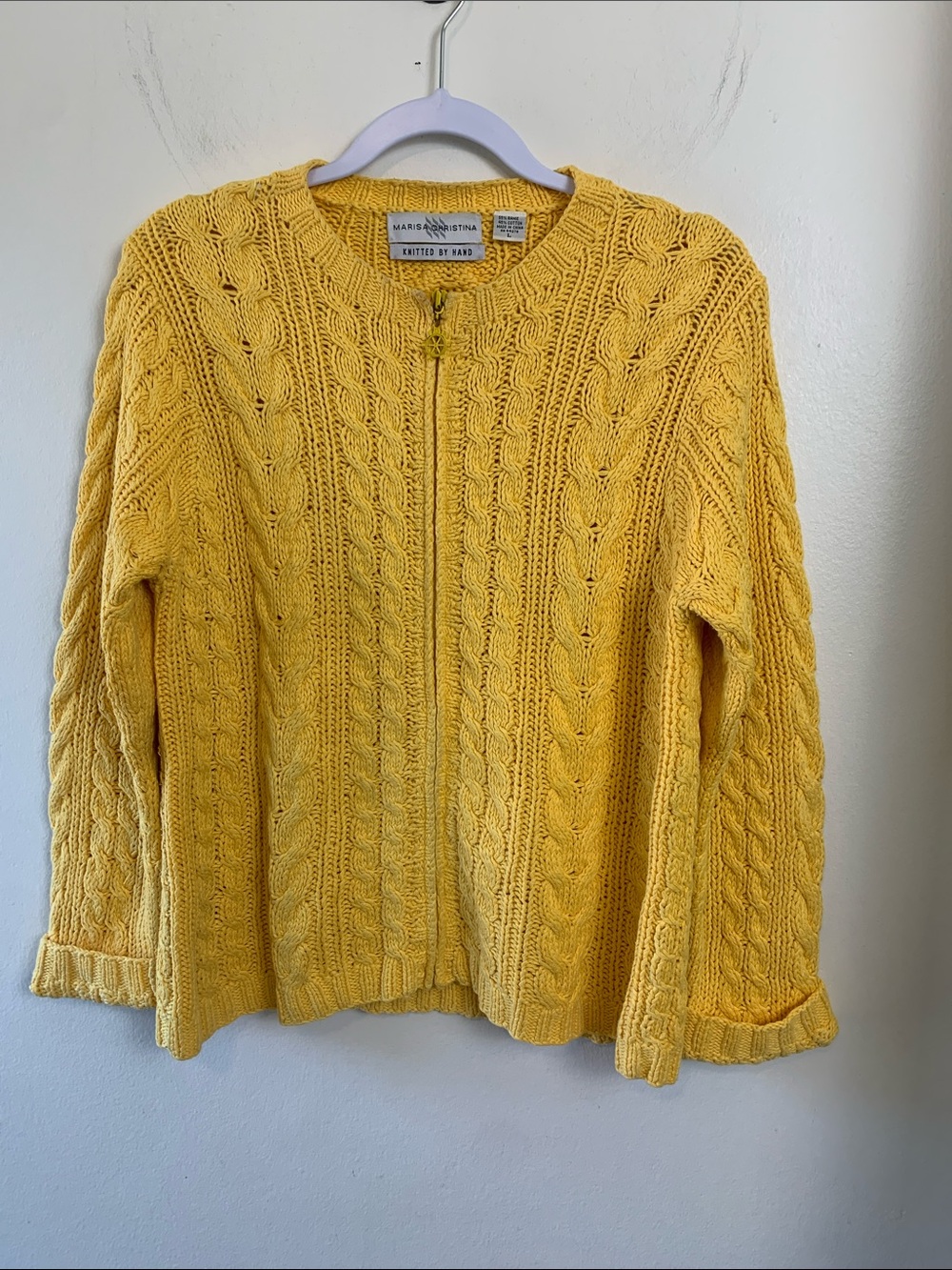 Marisa Christina Buttercup Yellow Cable Knit Zip-Front Cardigan, Handknit